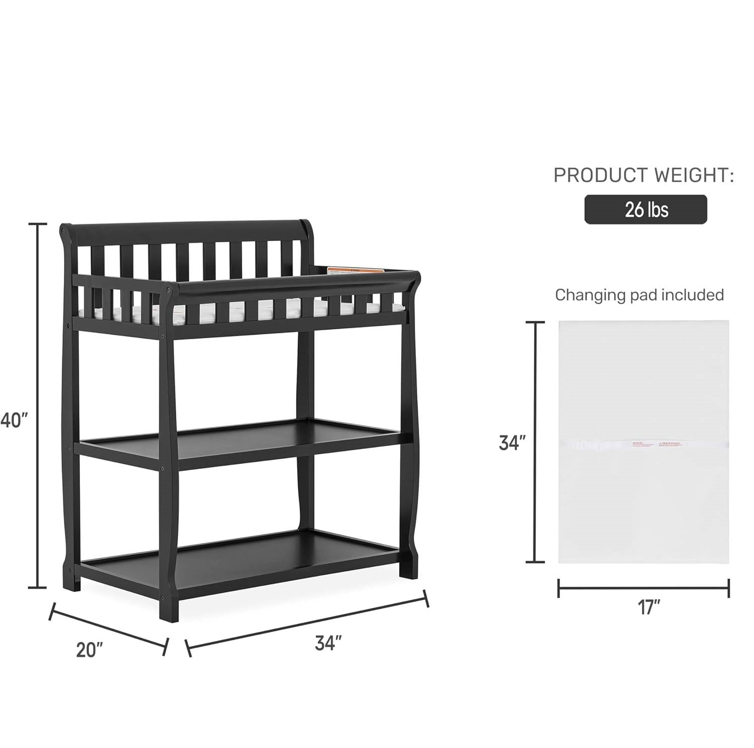 Modern Black Wooden Baby Changing Table with Safety Rail Mattress Pad and Strap-4