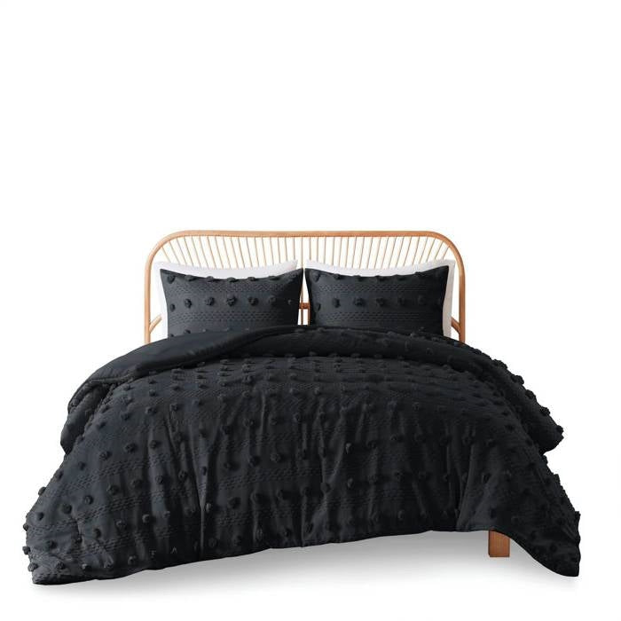 Full/Queen 3 Piece Pompom Microfiber Hypoallergenic Comforter Set in Black-0