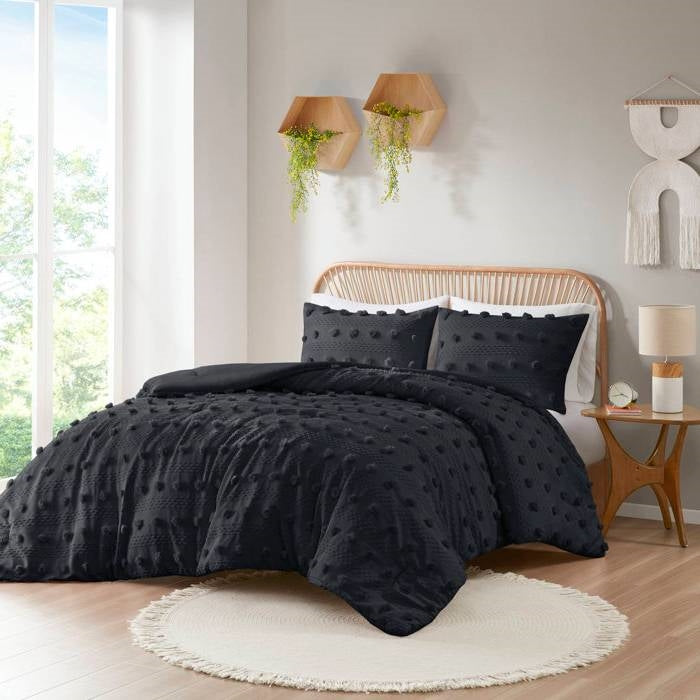 Full/Queen 3 Piece Pompom Microfiber Hypoallergenic Comforter Set in Black-2