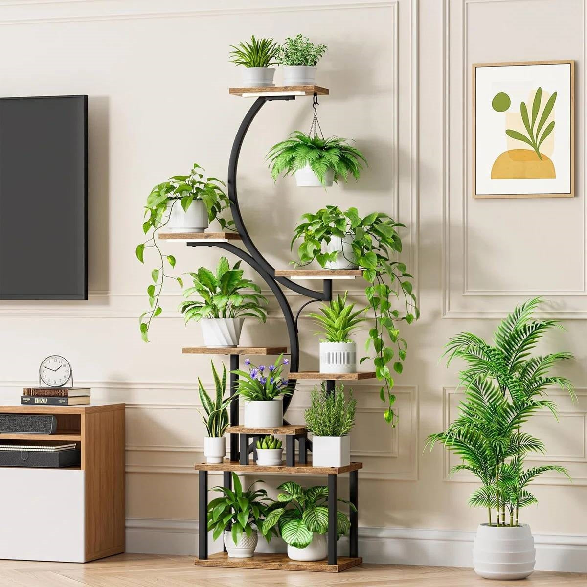 Indoor Plant Stand with Black Metal Frame and Wood Finish Shelves-0