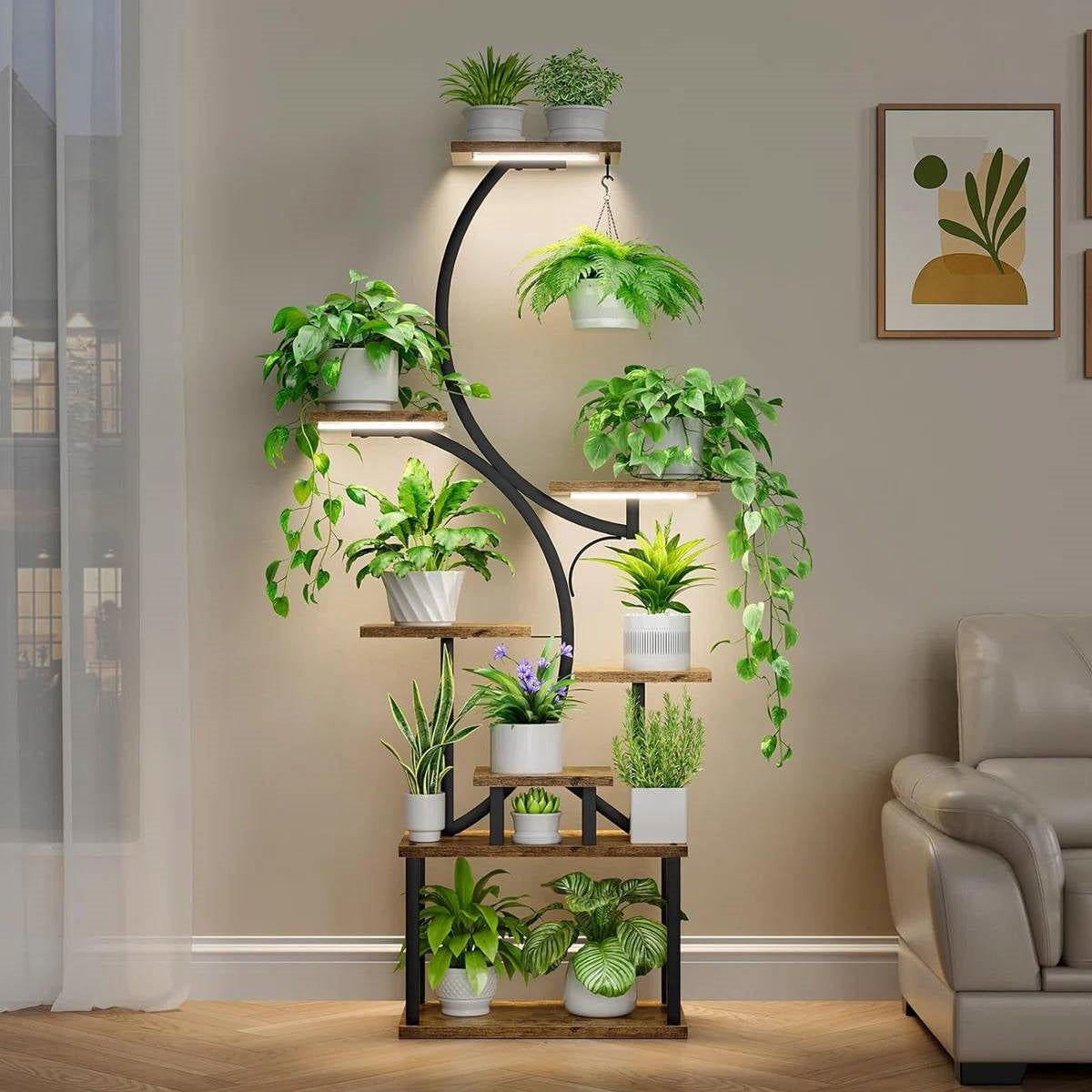 Indoor Plant Stand with Black Metal Frame and Wood Finish Shelves-1