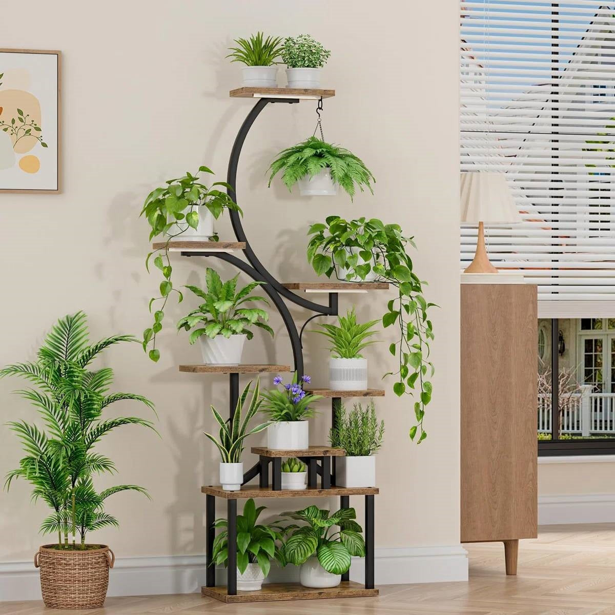 Indoor Plant Stand with Black Metal Frame and Wood Finish Shelves-2