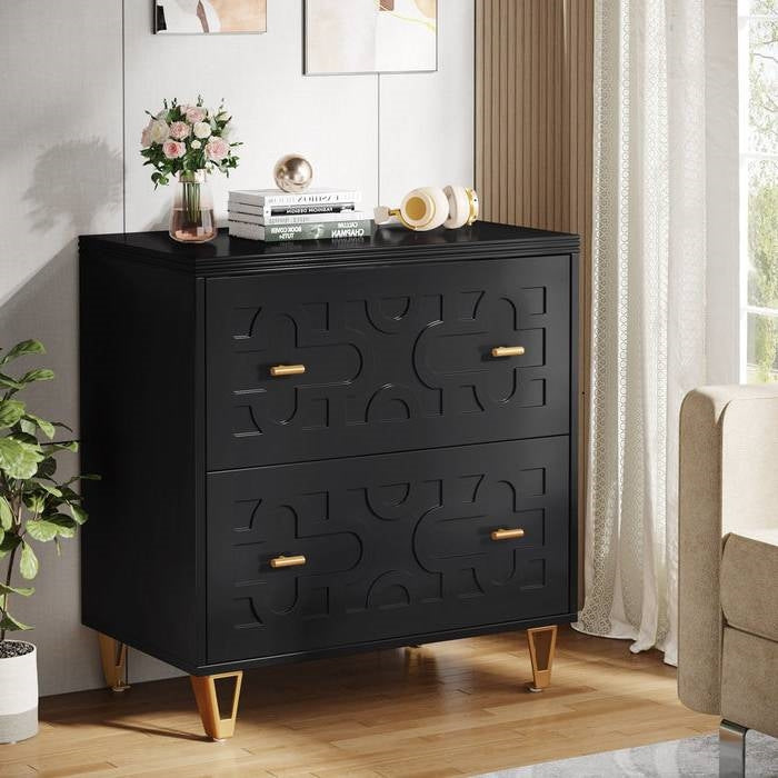Retro Black/Gold Geometric Scroll 2 Drawer Filing Cabinet Printer Stand-1