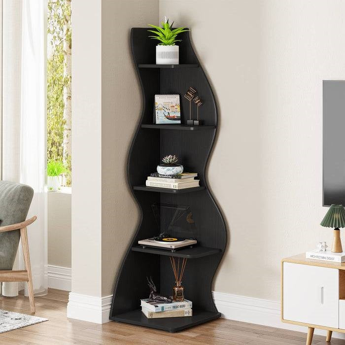 Modern 5 Shelf Corner Bookcase in Black Wood Finish-2