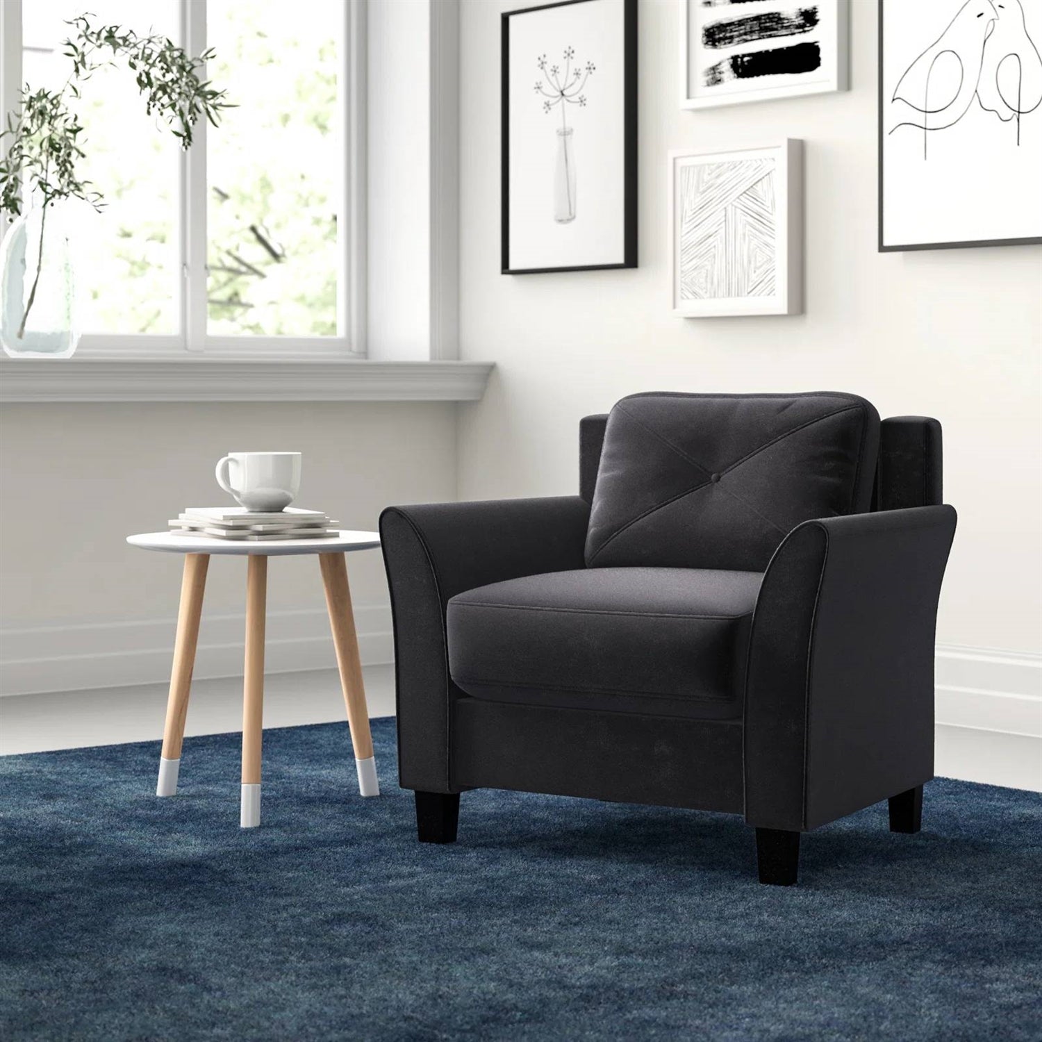 Black Microfiber Upholstered Armchair Flared Arm Chair with Tufted Back Cushion-1