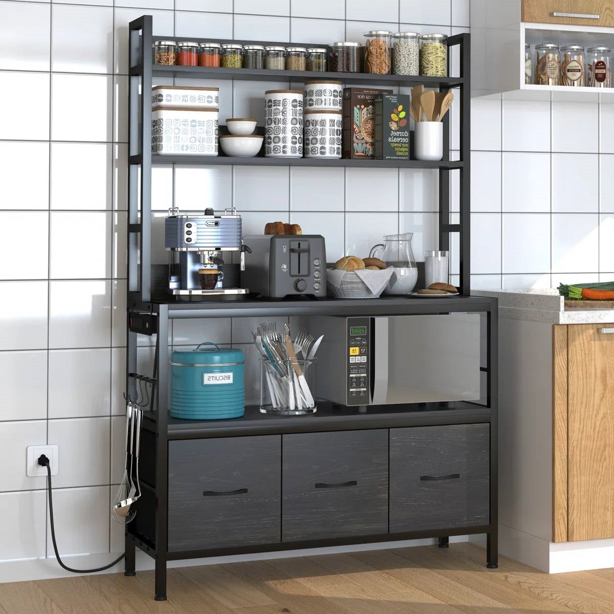 Black Metal Kitchen Baker's Rack 4-Shelves with Bottom Storage Cabinets-0