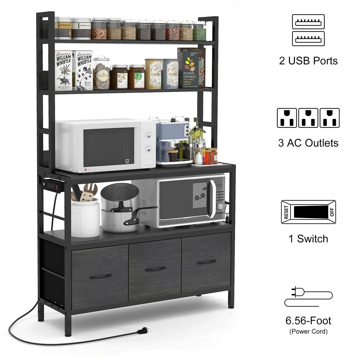 Black Metal Kitchen Baker's Rack 4-Shelves with Bottom Storage Cabinets-3