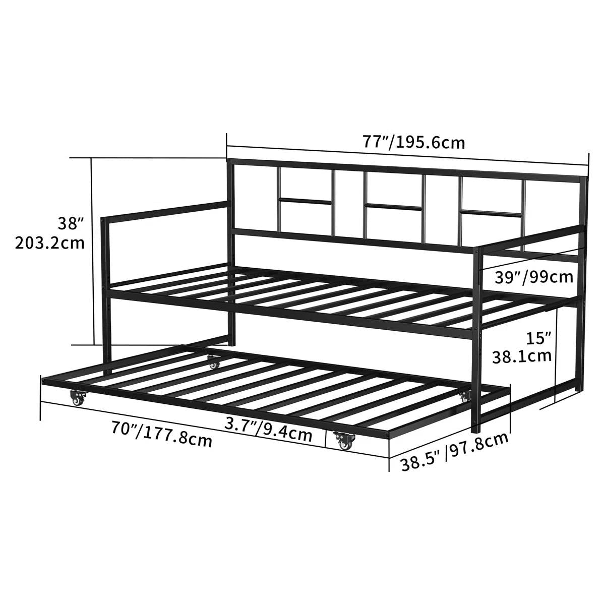 Twin size Black Metal Daybed Frame with Roll Out Trundle Bed Frame-4