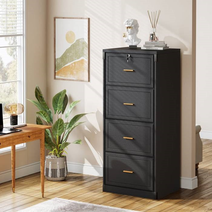 Vertical File Cabinet in Black Wood Finish with 4 Lockable Storage Drawers-1