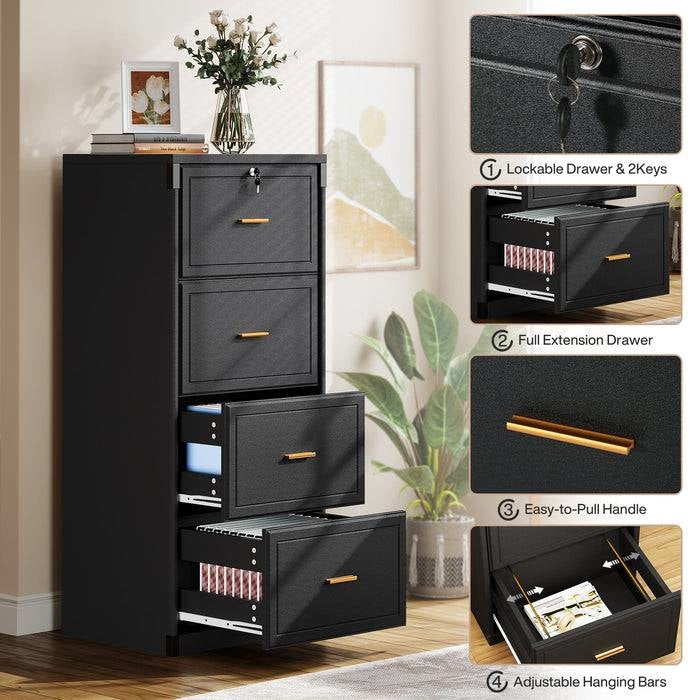 Vertical File Cabinet in Black Wood Finish with 4 Lockable Storage Drawers-4