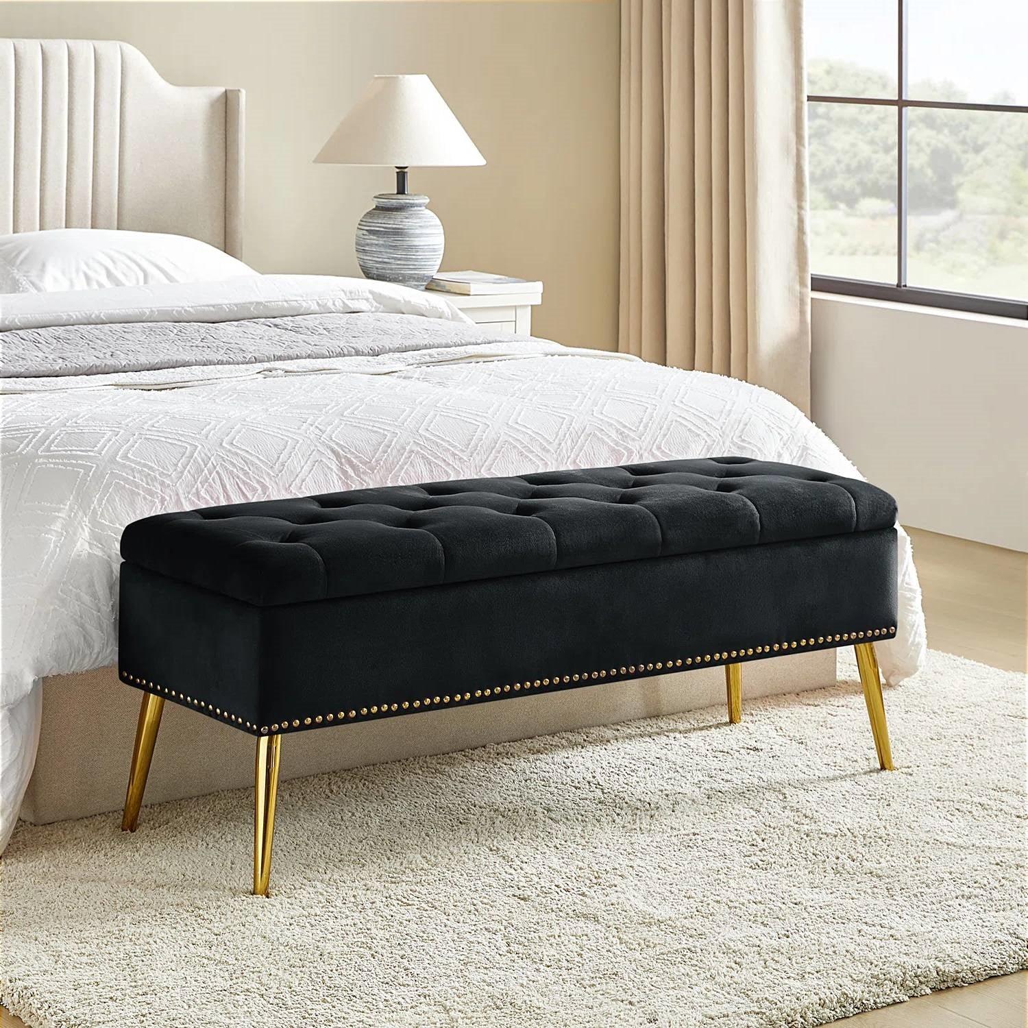 Mid-Century Modern End of Bed Storage Bench with Black Velvet Seat and Gold Legs - PRHOMZ