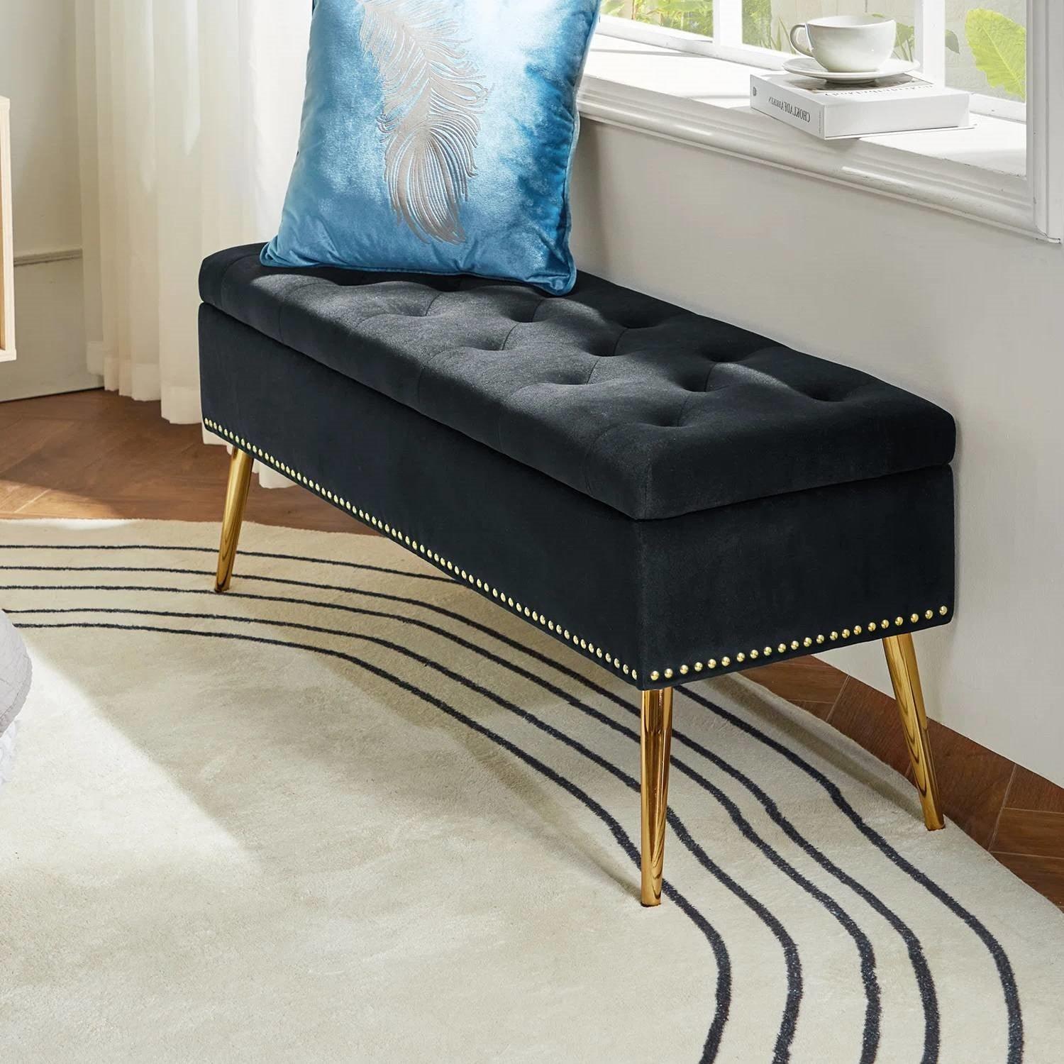 Mid-Century Modern End of Bed Storage Bench with Black Velvet Seat and Gold Legs - PRHOMZ