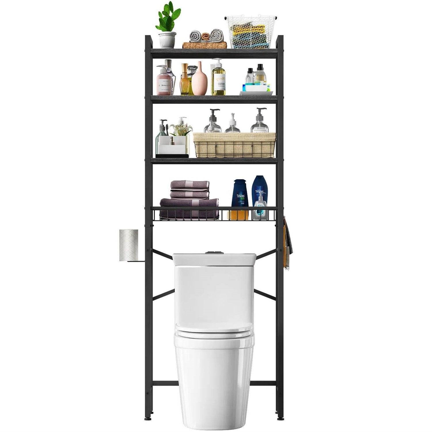 Black Over the Toilet Storage Freestanding Industrial Metal Wood Shelving Unit - PRHOMZ
