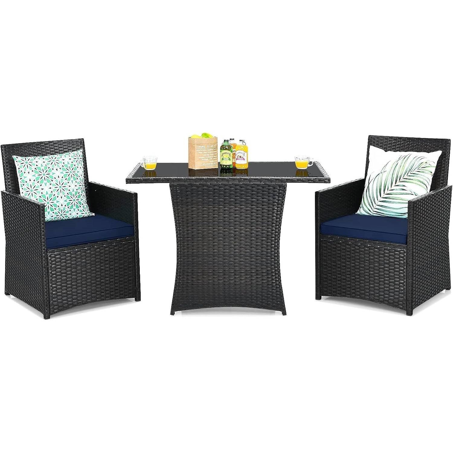 3-Piece Patio Furniture Outdoor Dining Set Brown PE Rattan Navy Blue Cushions - PRHOMZ