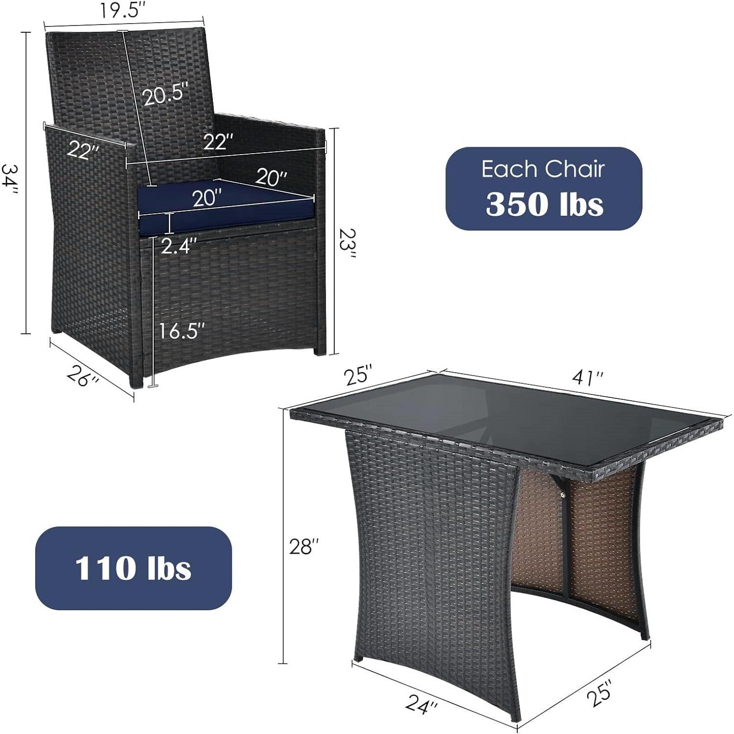 3-Piece Patio Furniture Outdoor Dining Set Brown PE Rattan Navy Blue Cushions - PRHOMZ