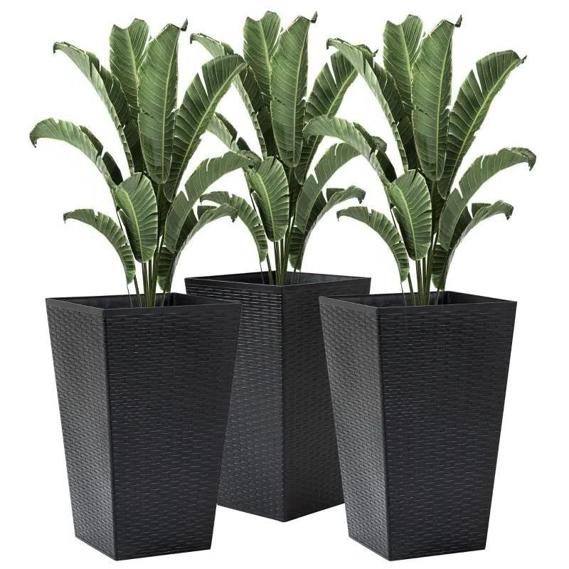 Set of 3 - Black Faux Rattan Plastic Tall Large Flower Pots - PRHOMZ