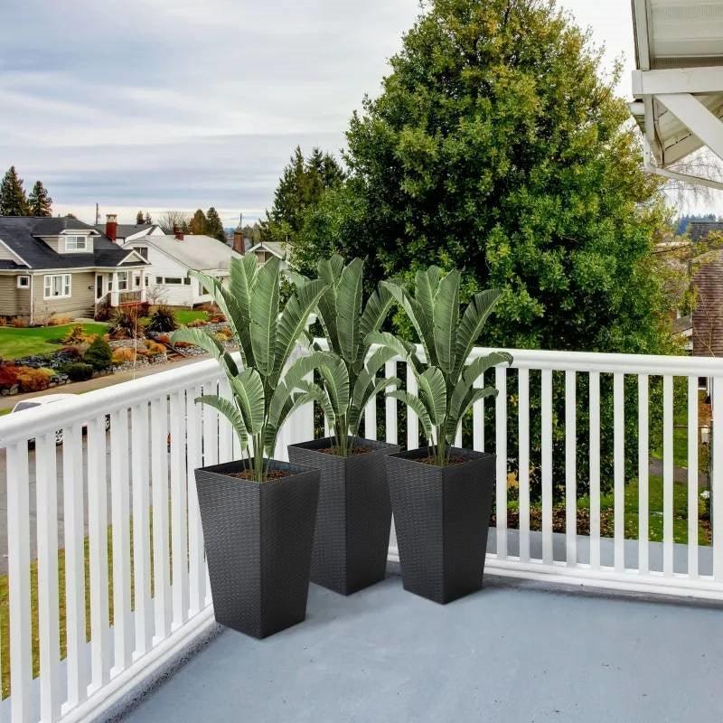 Set of 3 - Black Faux Rattan Plastic Tall Large Flower Pots - PRHOMZ