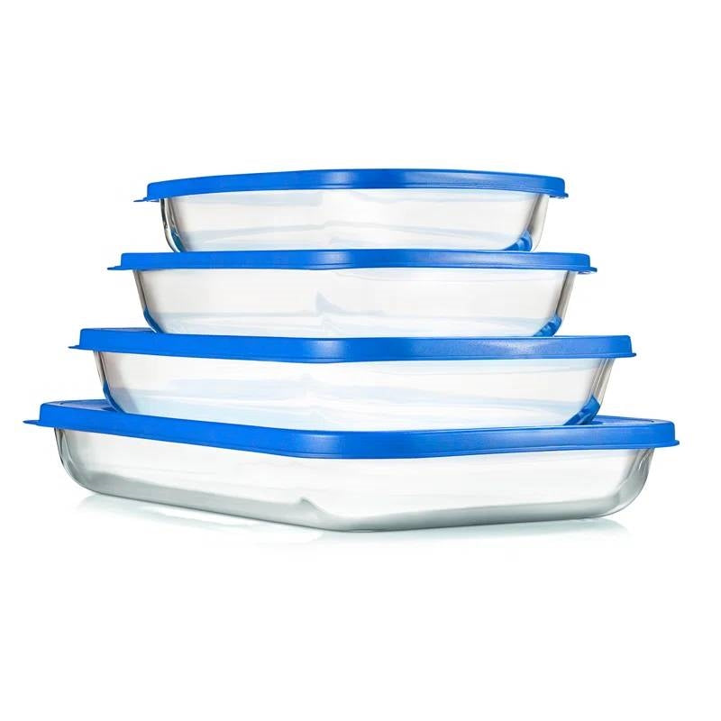Set of 4 - Rectangular Oven Safe Glass Bakeware Set with Blue Plastic Lids-0