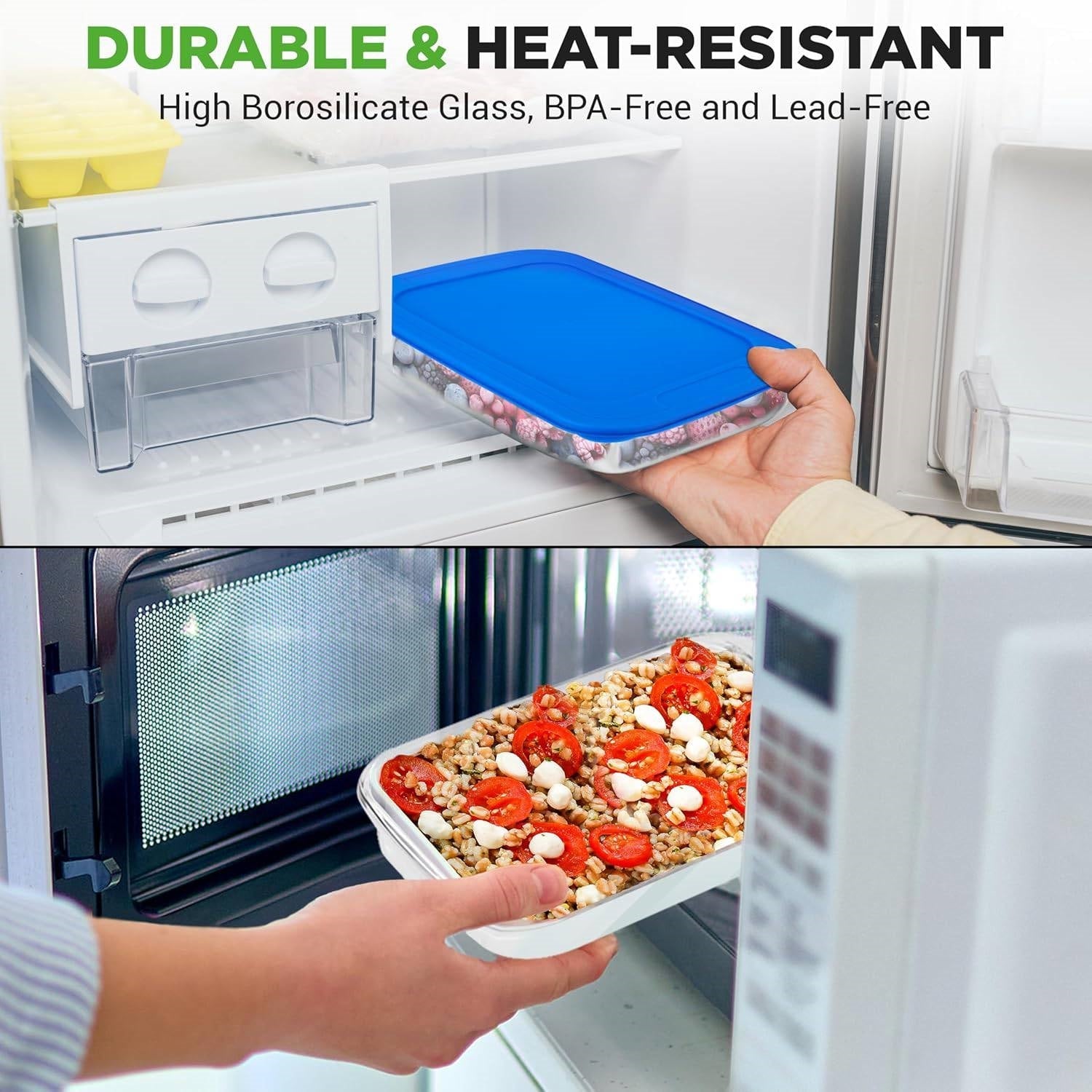 Set of 4 - Rectangular Oven Safe Glass Bakeware Set with Blue Plastic Lids-2