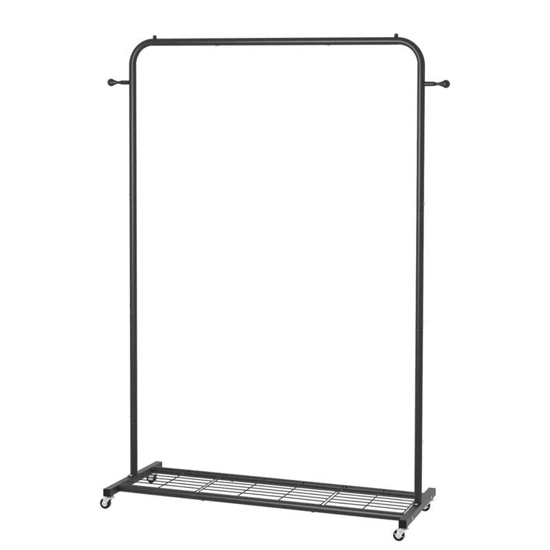 Black Modern Garment Rack Clothes Hanging Rod with Lockable Wheels-1