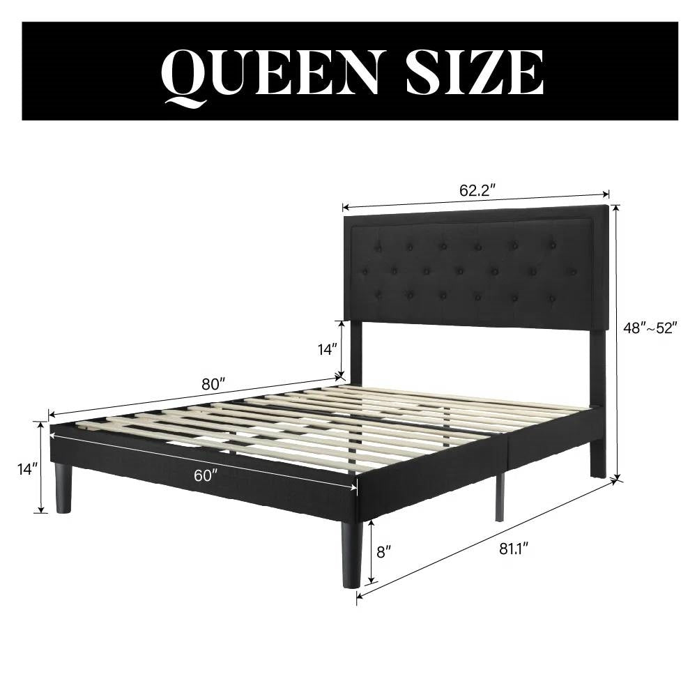 Queen Black Linen Upholstered Platform Bed Frame with Button-Tufted Headboard-4