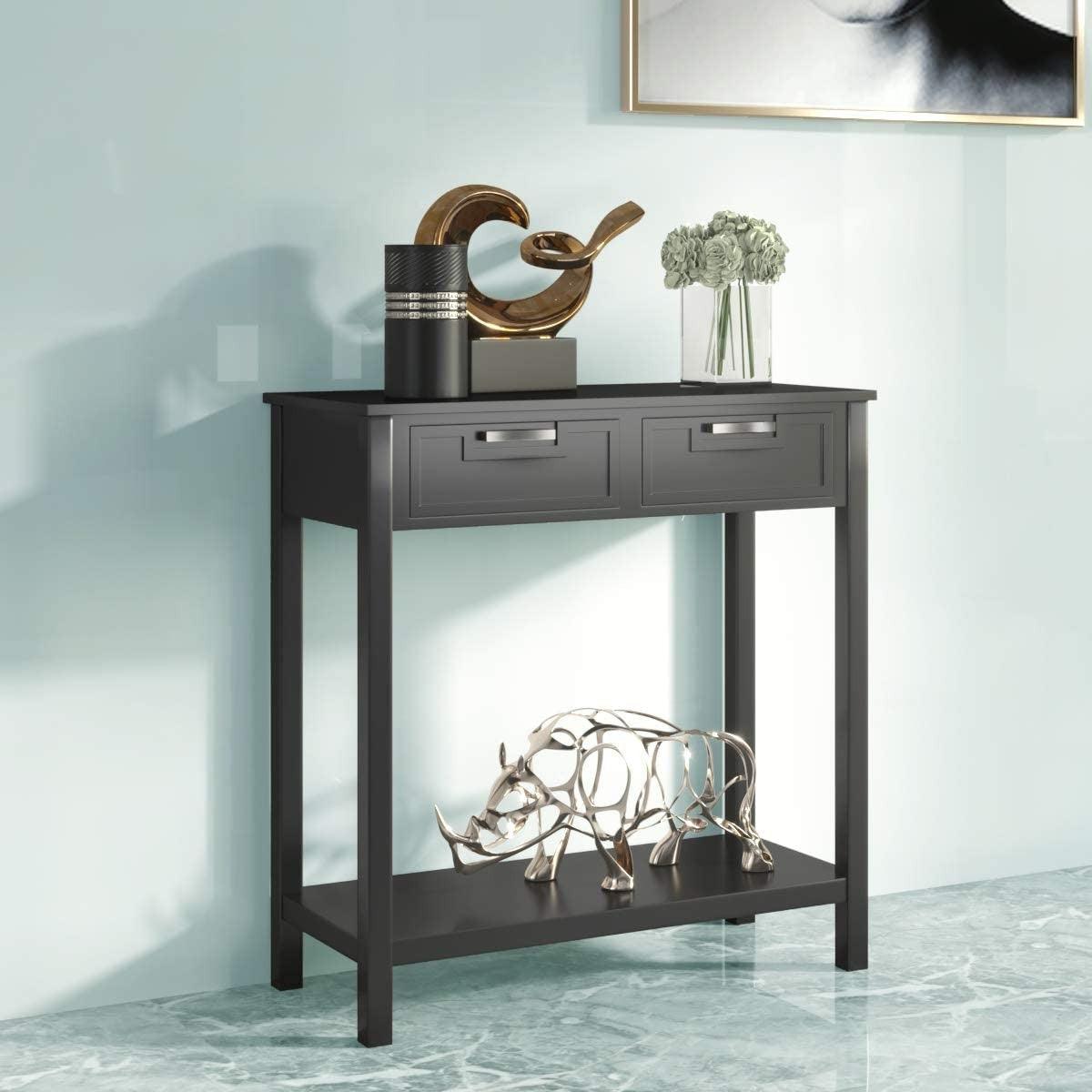 Modern Entryway Accent 2 Drawer Sofa Side Table Black - PRHOMZ