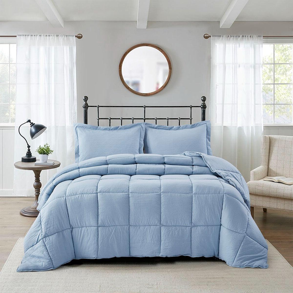 Queen Size Blue 3 Piece Microfiber Reversible Comforter Set - PRHOMZ