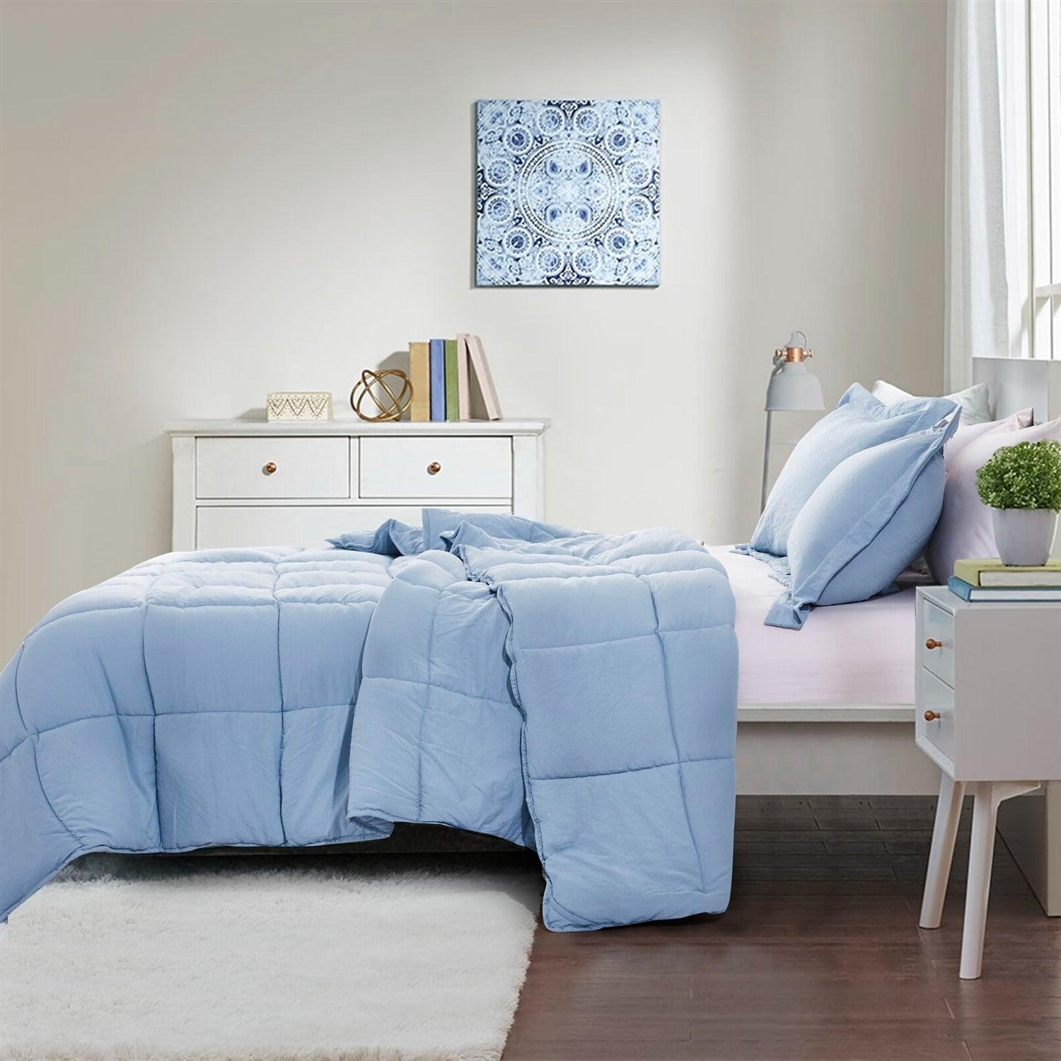 Queen Size Blue 3 Piece Microfiber Reversible Comforter Set - PRHOMZ