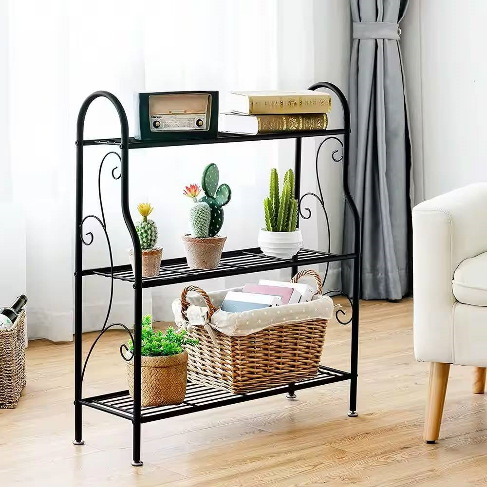 Indoor/Outdoor Black Metal 3-Tier Bookcase Plant Stand Shelving Rack-1