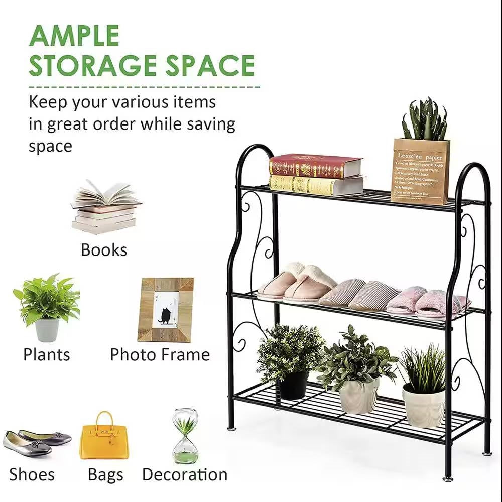 Indoor/Outdoor Black Metal 3-Tier Bookcase Plant Stand Shelving Rack-3
