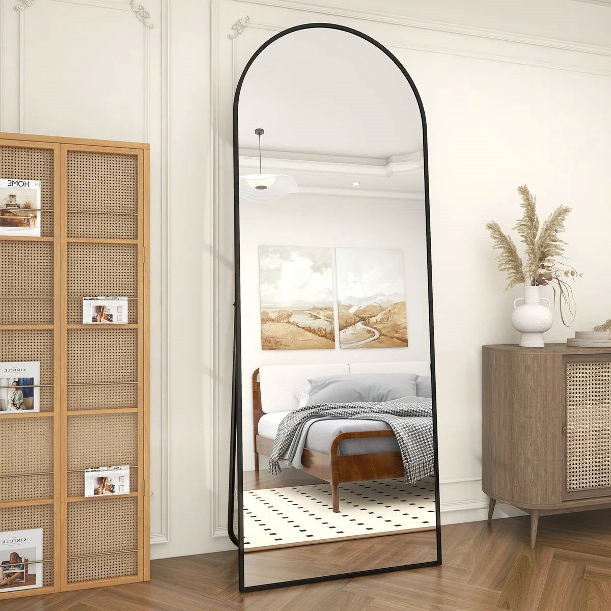 Black 64-inch Full Length Arched Floor Mirror with Stand and Wall Hanging Screws-0