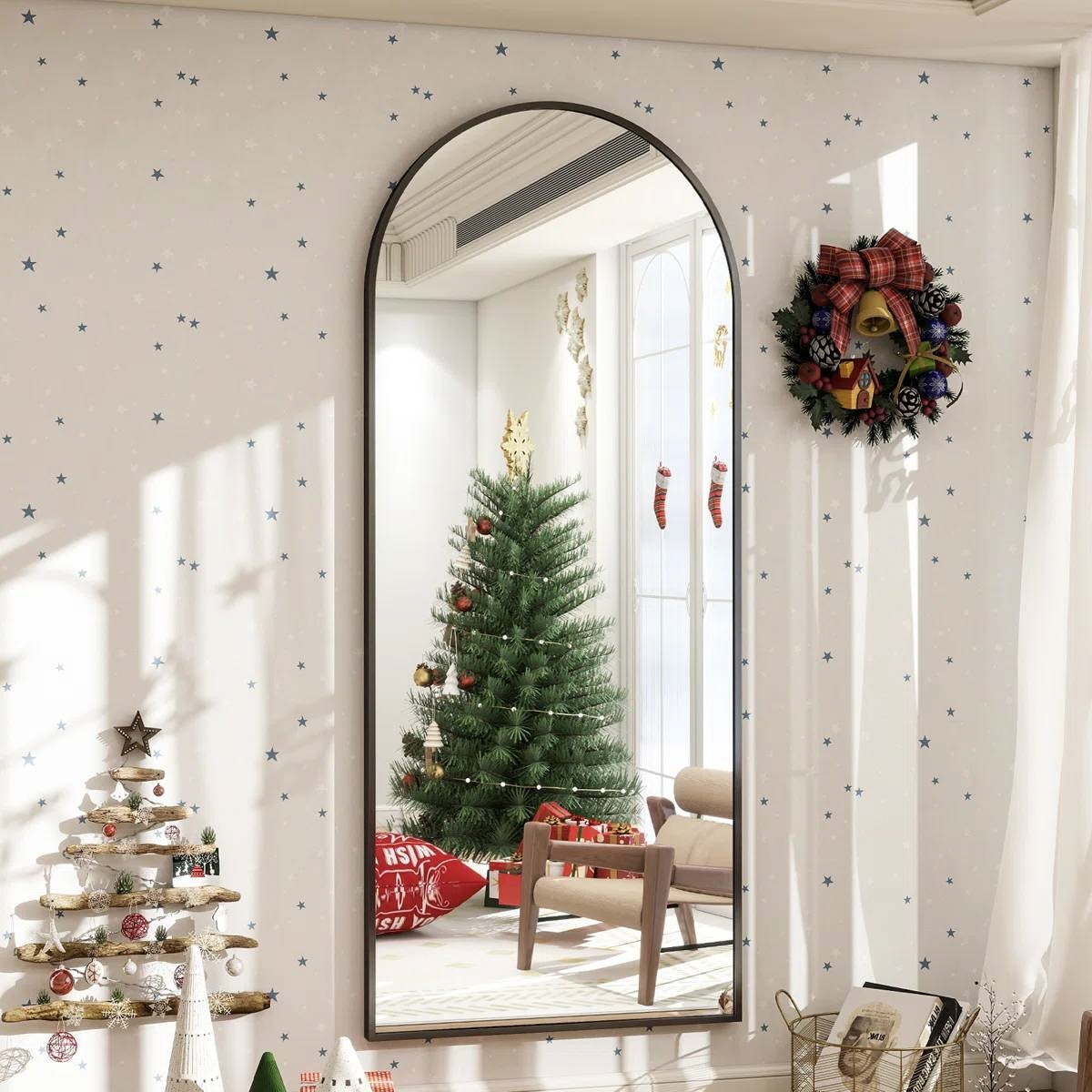 Black 64-inch Full Length Arched Floor Mirror with Stand and Wall Hanging Screws-1