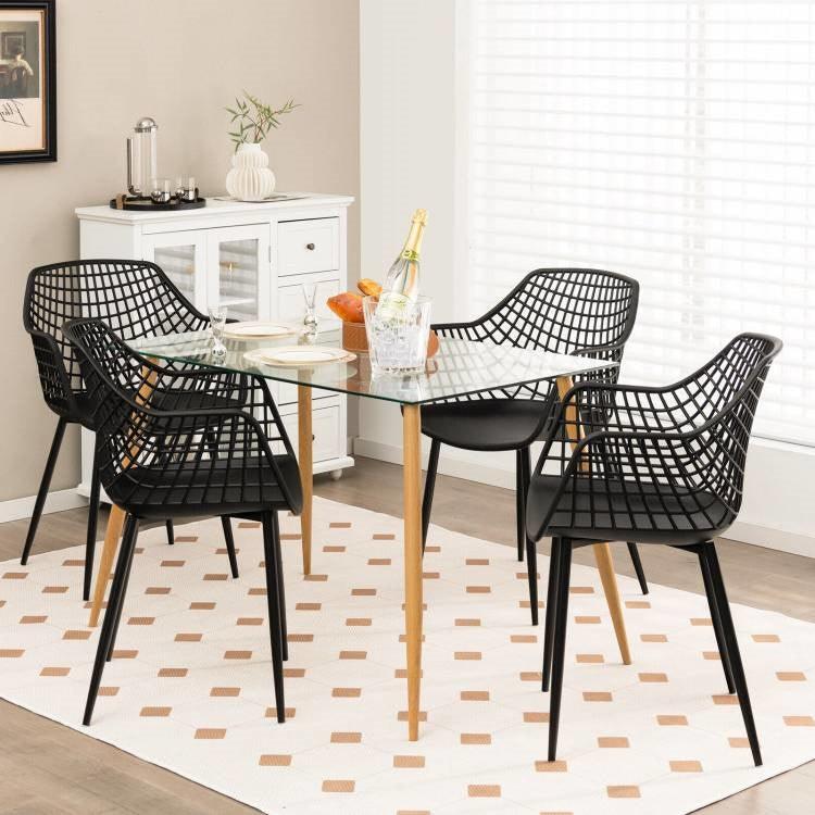 Set of 4 Mid-Century Modern Black Mesh Dining Chair with Ergonomic Backrest - PRHOMZ