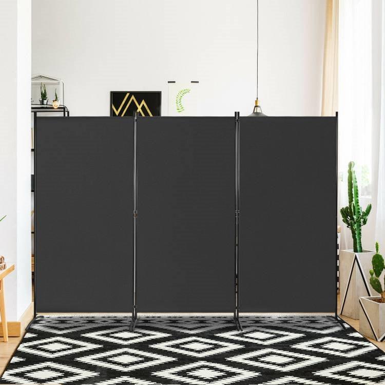6-Ft Black 3-Panel Room Divider Screen with Steel Base and Heavy Duty Hinges - PRHOMZ