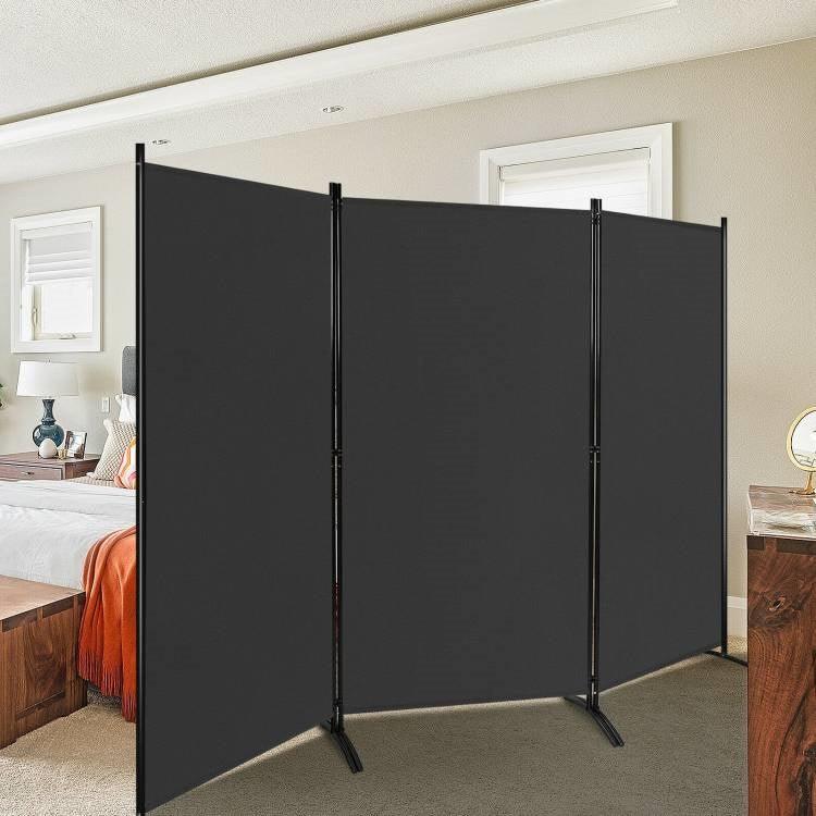 6-Ft Black 3-Panel Room Divider Screen with Steel Base and Heavy Duty Hinges - PRHOMZ