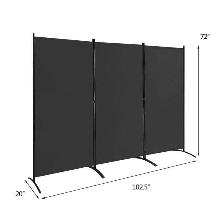 6-Ft Black 3-Panel Room Divider Screen with Steel Base and Heavy Duty Hinges - PRHOMZ