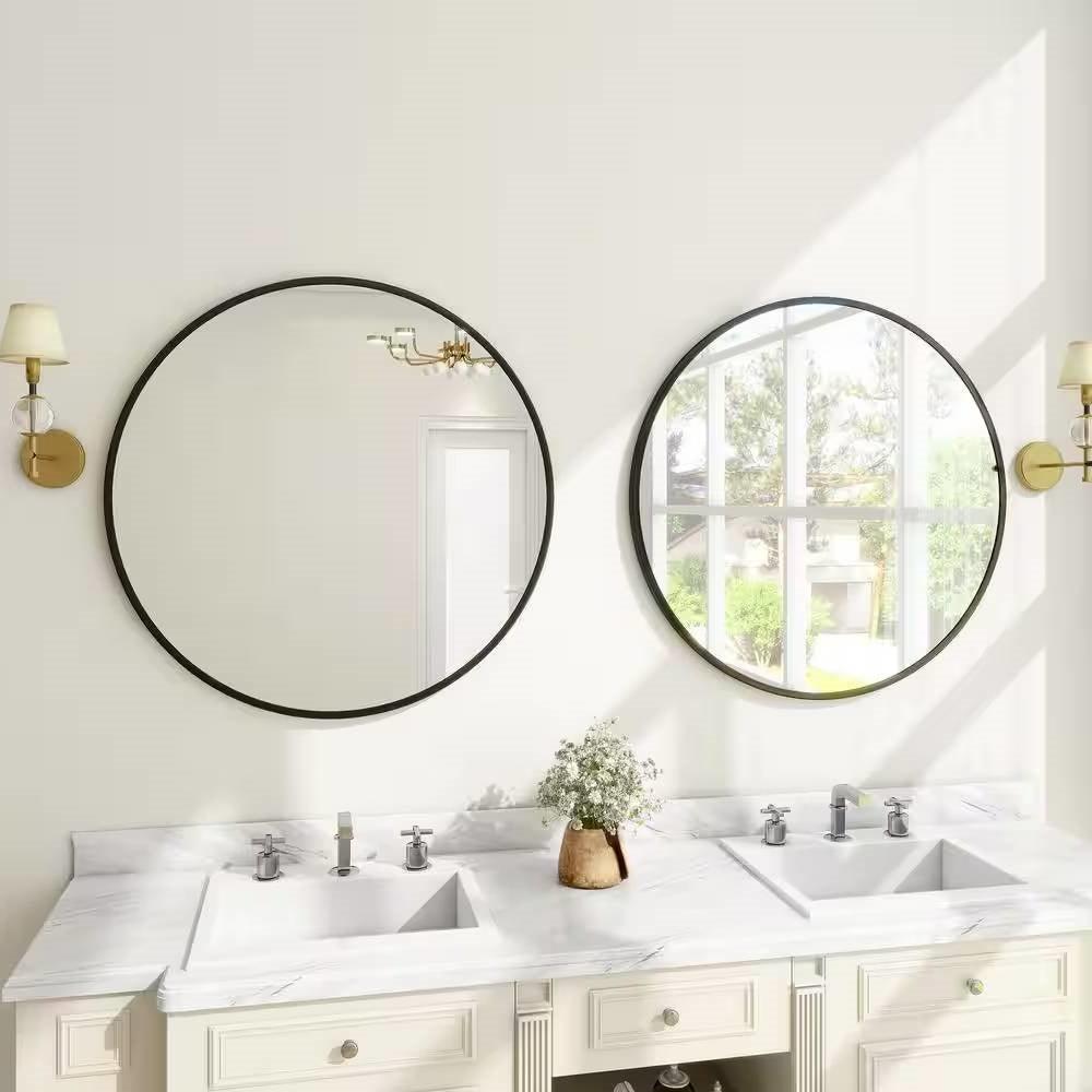 Round 24-inch Circular Bathroom Wall Mirror with Black Frame - PRHOMZ