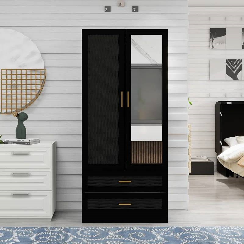 Black Wardrobe Armoire Cabinet with Mirror Hanging Rod and Storage Drawers-0
