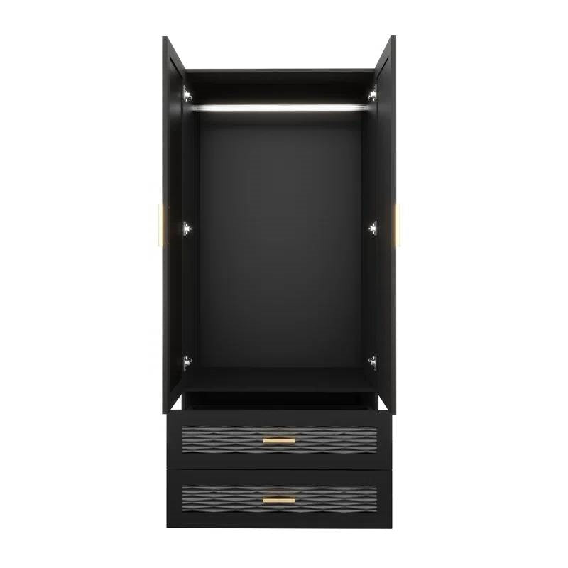 Black Wardrobe Armoire Cabinet with Mirror Hanging Rod and Storage Drawers-1