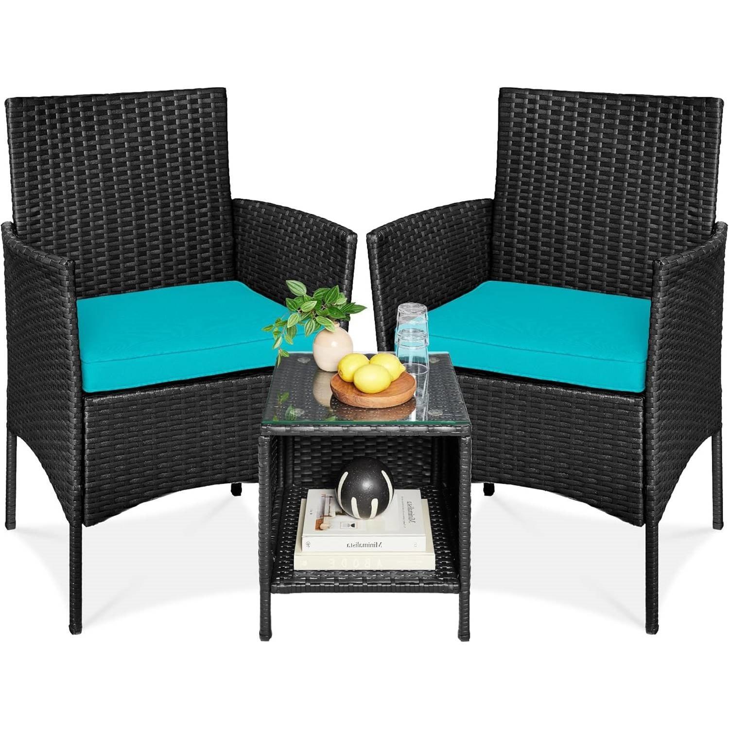 3-Piece Black PE Wicker Outdoor Dining Patio Furniture Set w/ Teal Blue Cushions - PRHOMZ