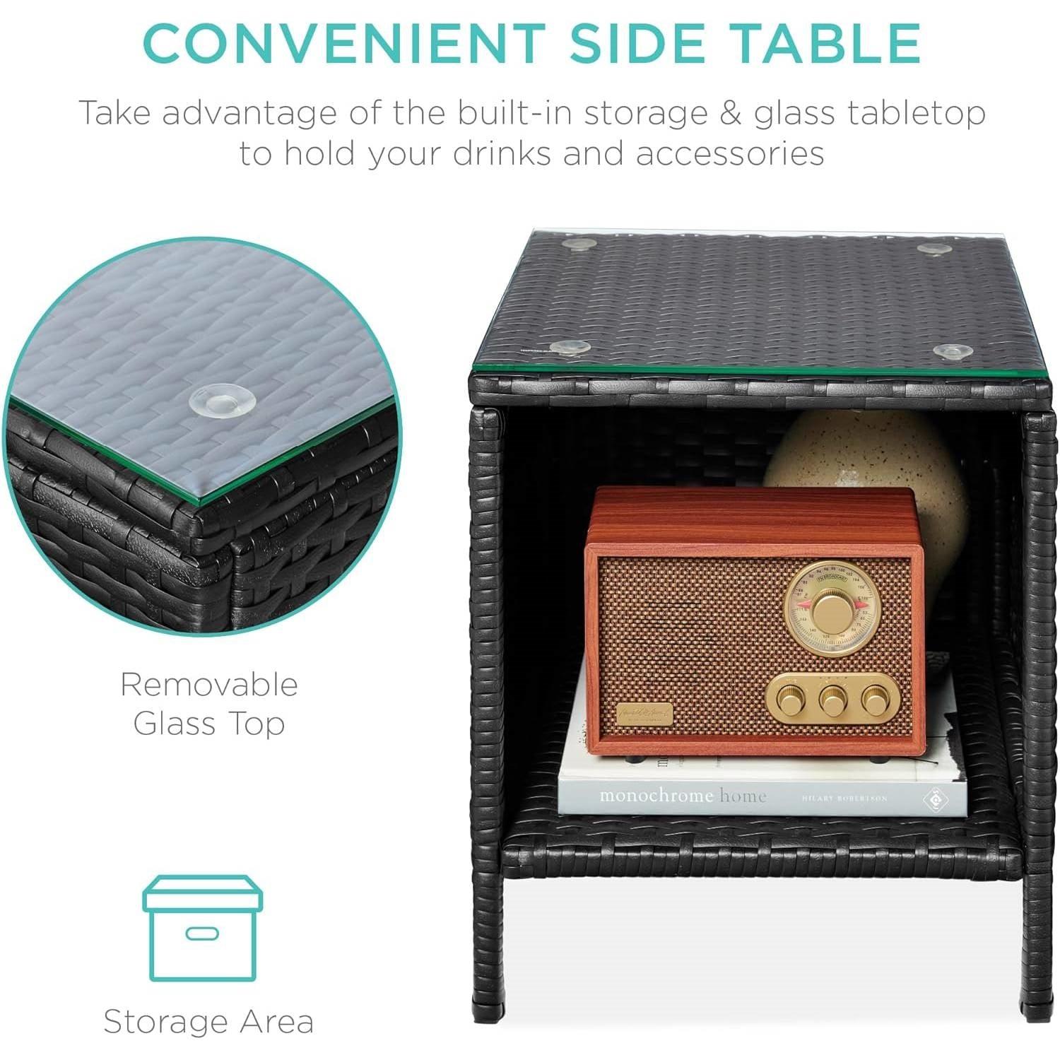 3-Piece Black PE Wicker Outdoor Dining Patio Furniture Set w/ Teal Blue Cushions - PRHOMZ