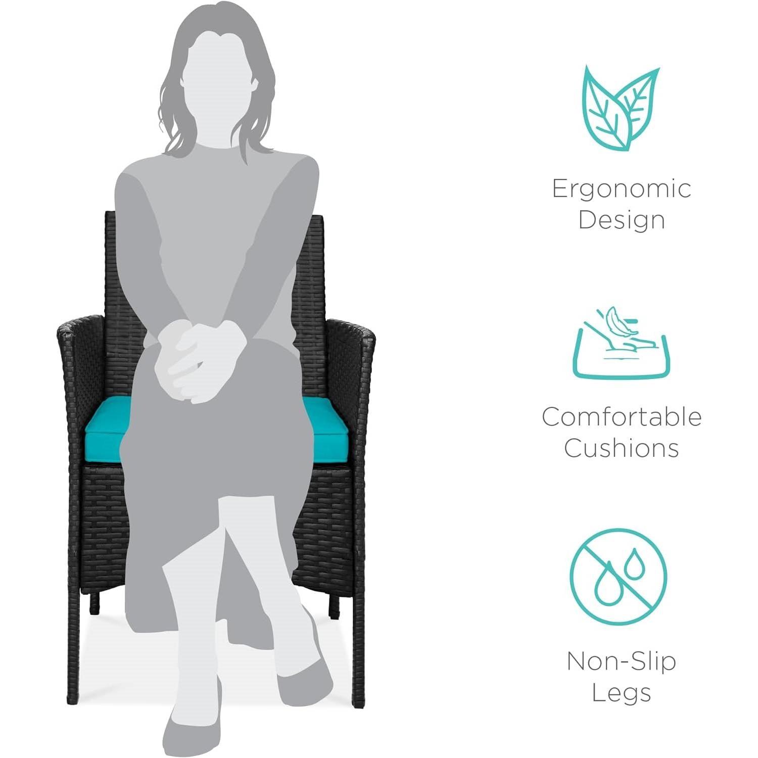 3-Piece Black PE Wicker Outdoor Dining Patio Furniture Set w/ Teal Blue Cushions - PRHOMZ