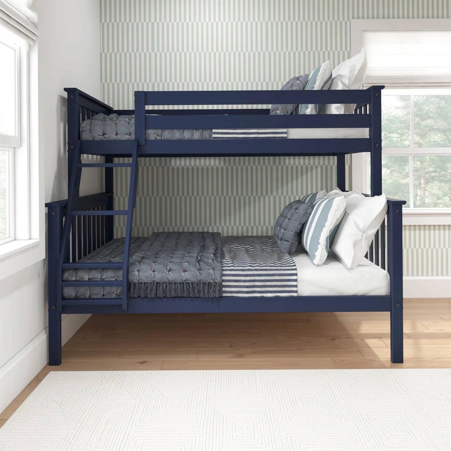 Twin over Full size Solid Wood Bunk Bed in Dark Navy Blue Finish - PRHOMZ