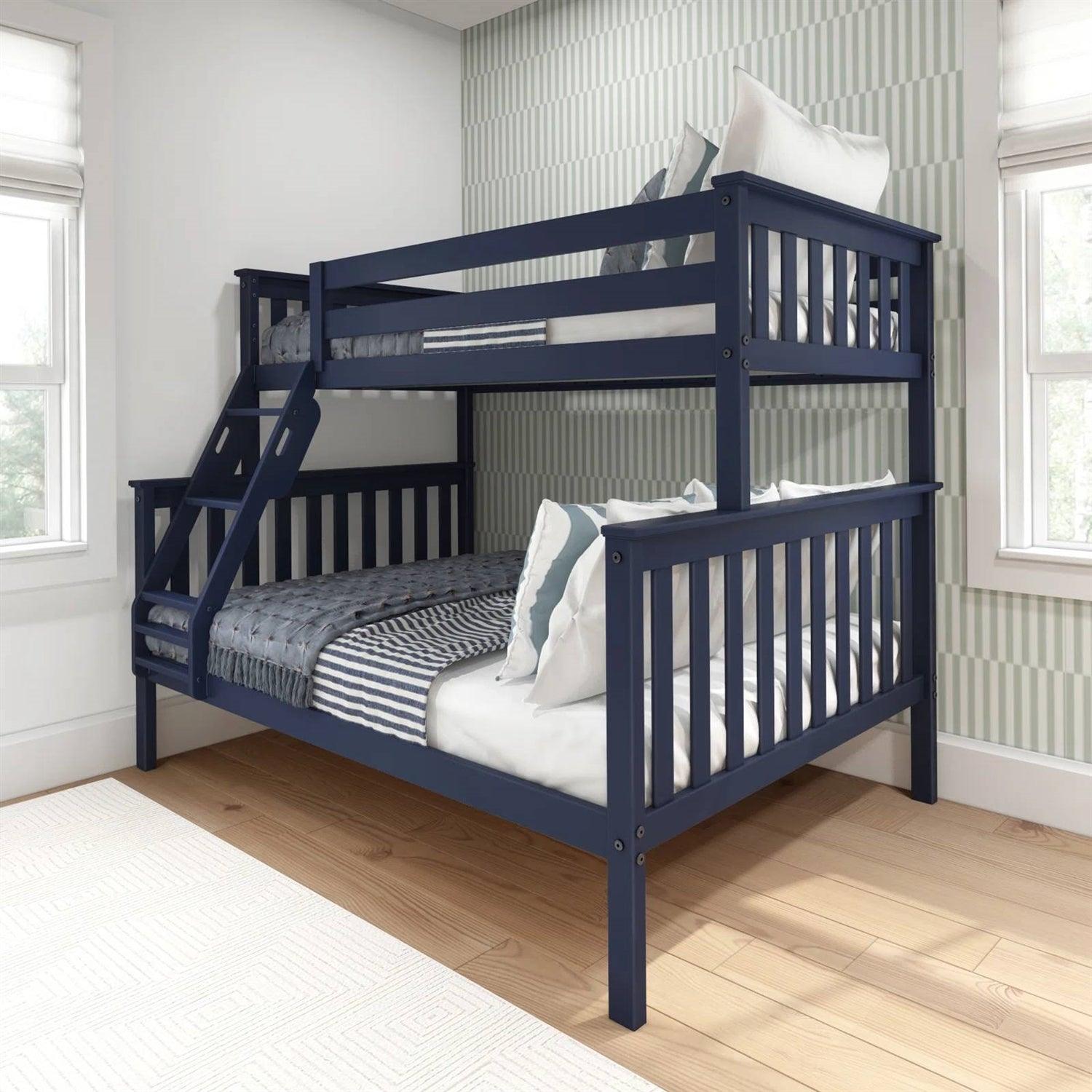 Twin over Full size Solid Wood Bunk Bed in Dark Navy Blue Finish - PRHOMZ