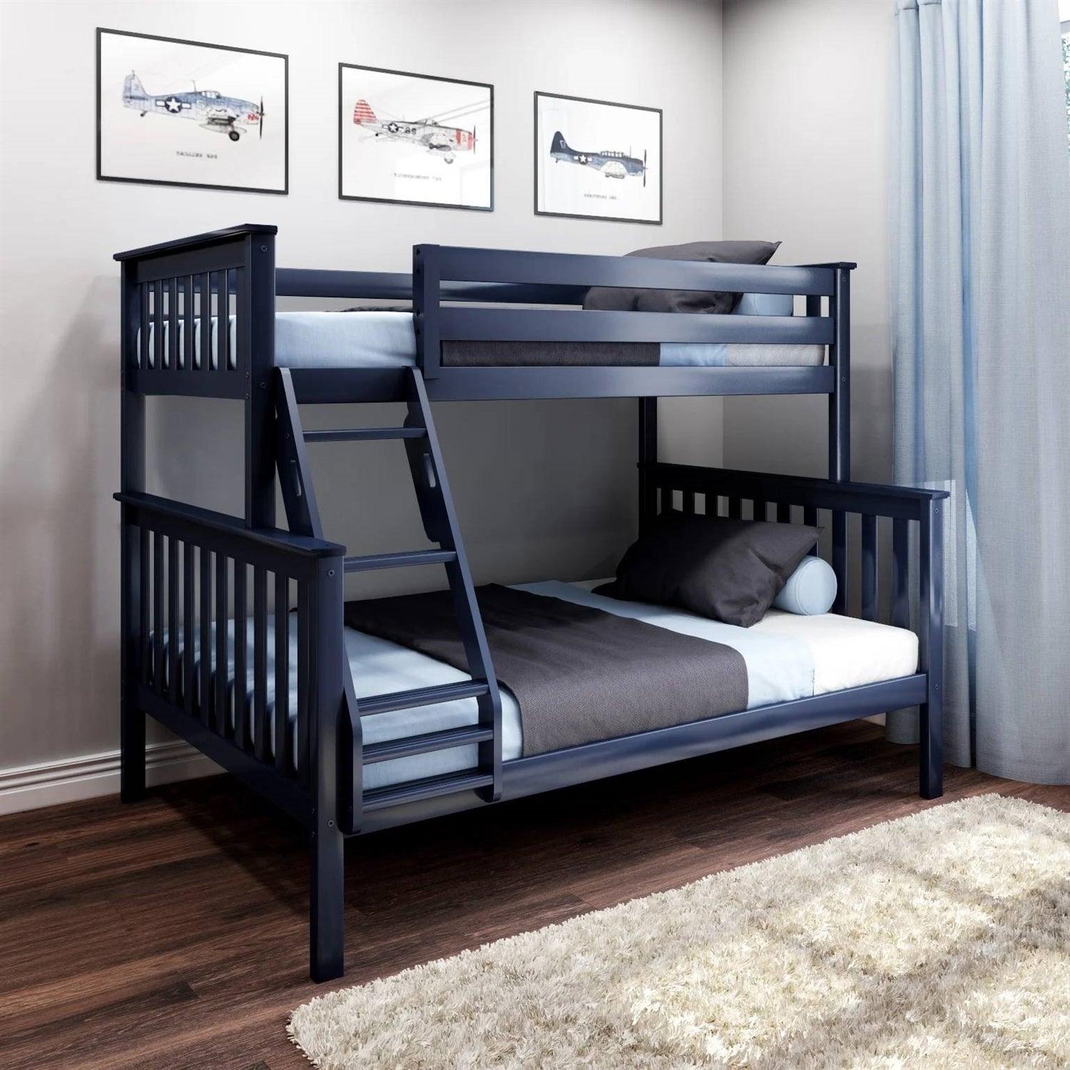 Twin over Full size Solid Wood Bunk Bed in Dark Navy Blue Finish - PRHOMZ