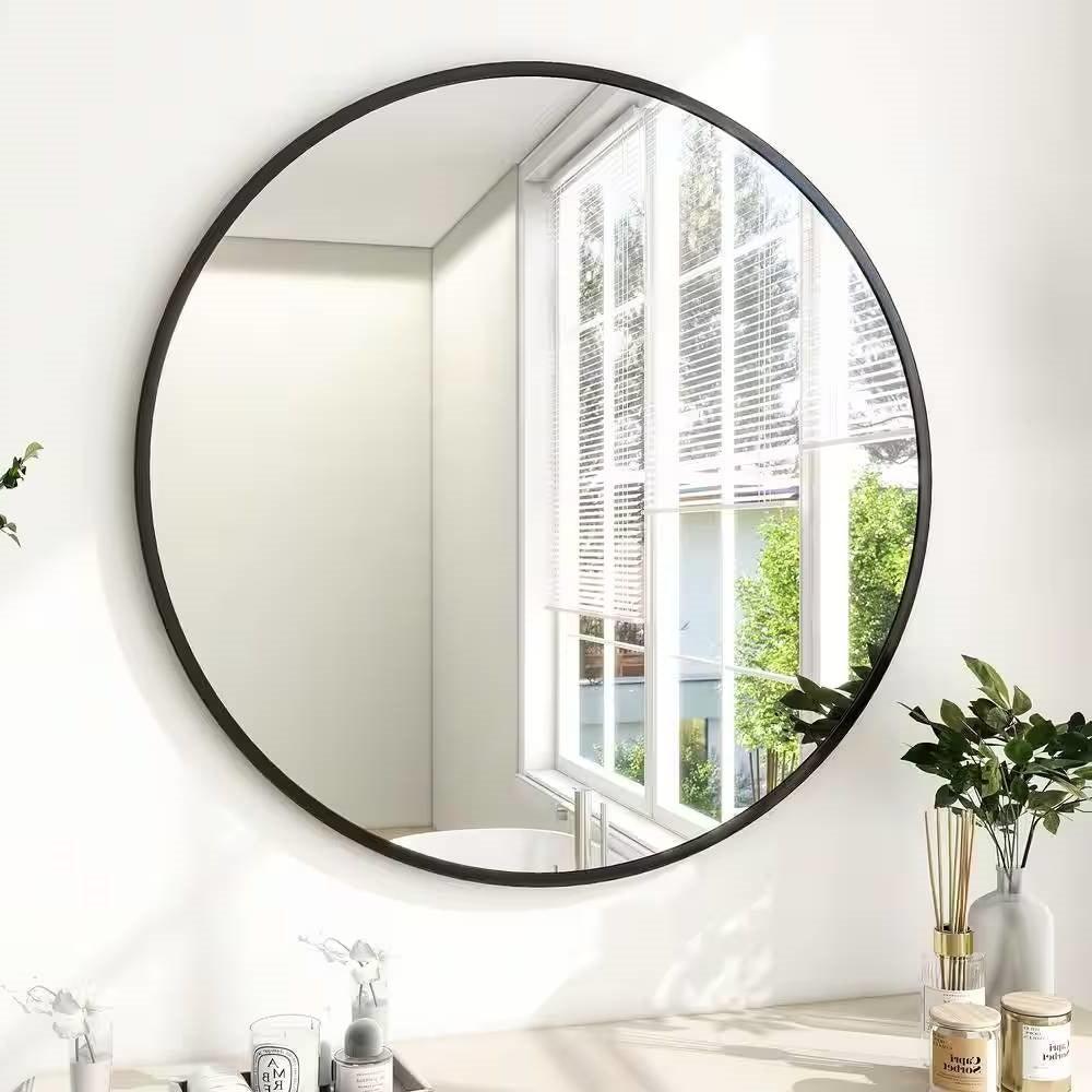 Round 30-inch Circular Bathroom Wall Mirror with Black Frame - PRHOMZ