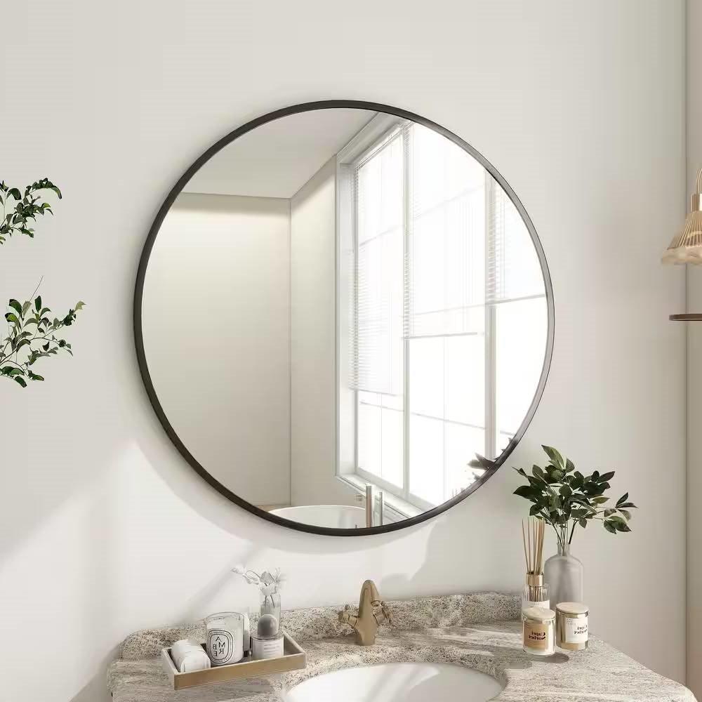 Round 30-inch Circular Bathroom Wall Mirror with Black Frame - PRHOMZ