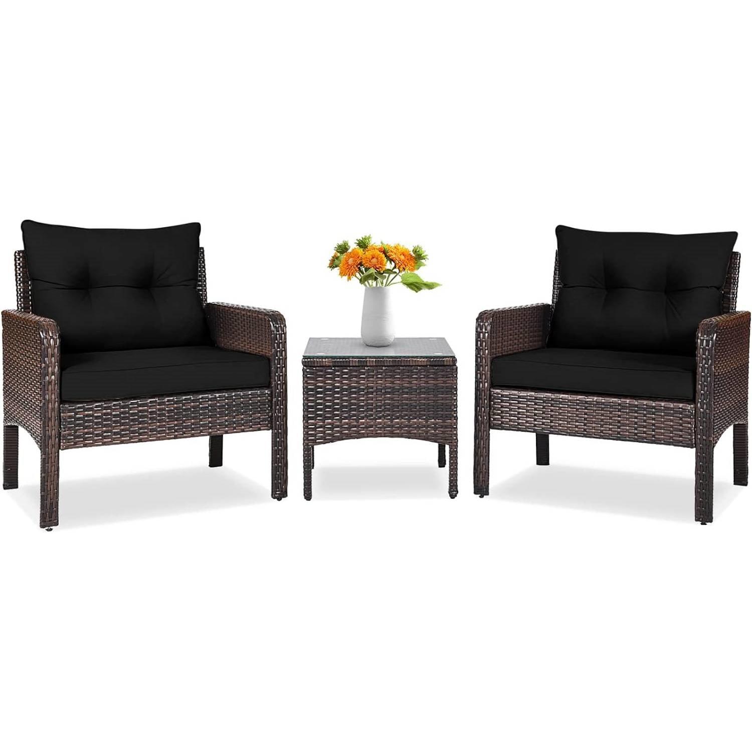 3-Piece Brown PE Rattan Outdoor Dining Patio Furniture Set with Black Cushions - PRHOMZ