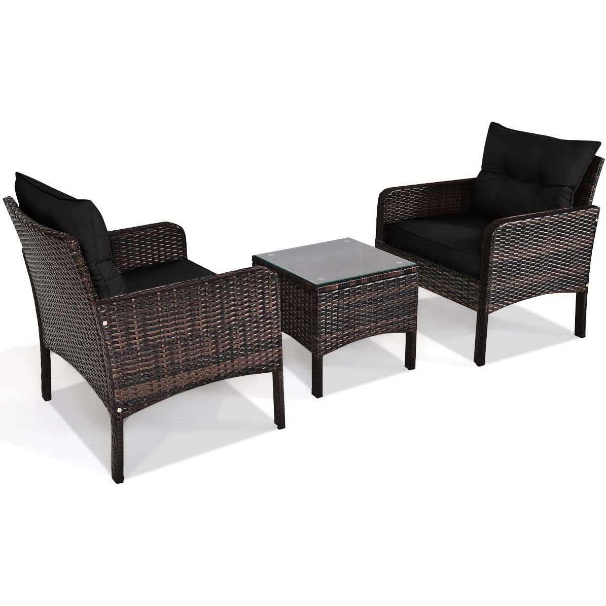 3-Piece Brown PE Rattan Outdoor Dining Patio Furniture Set with Black Cushions - PRHOMZ