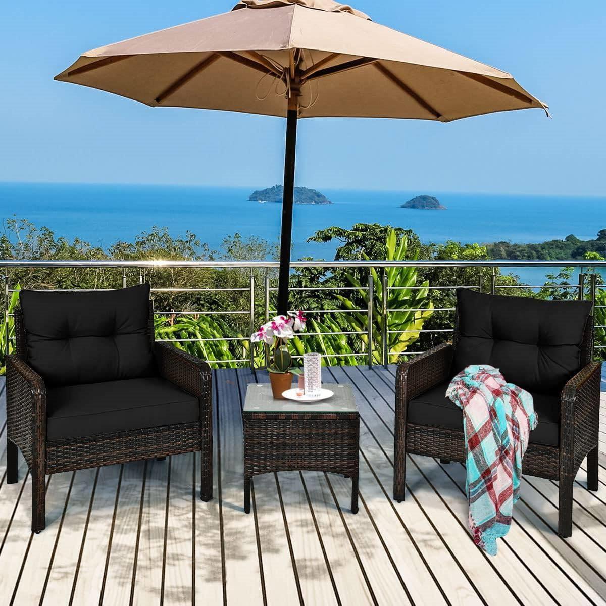 3-Piece Brown PE Rattan Outdoor Dining Patio Furniture Set with Black Cushions - PRHOMZ